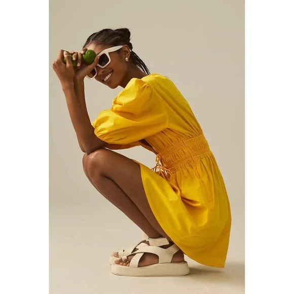 Faithfull The Brand Roma Tie Neck Mini Dress Yellow Puff Sleeve Size 8‎ - Picture 3 of 10